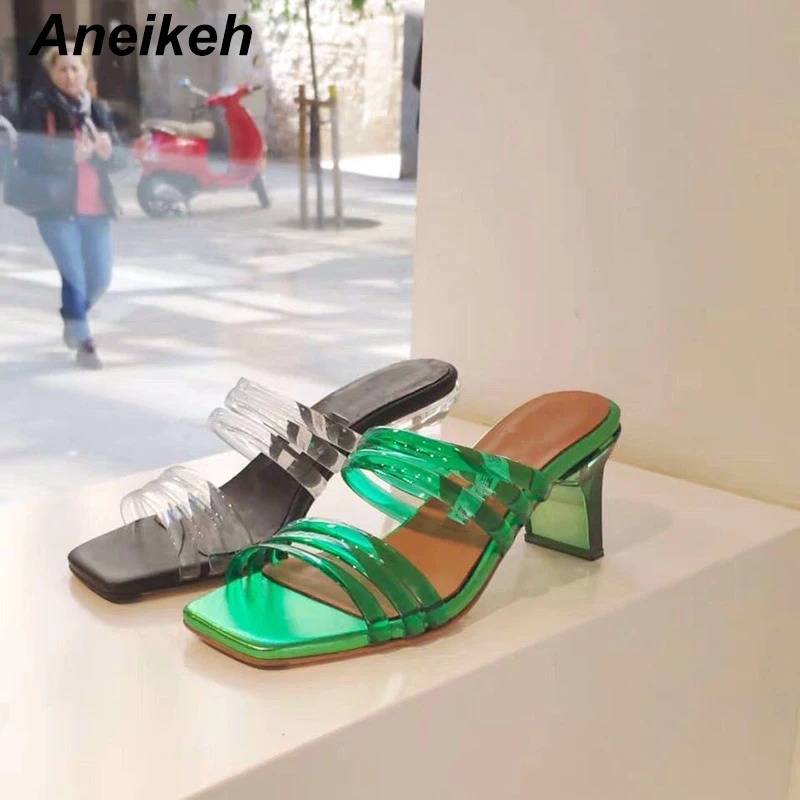 

Aneikeh New 2019 Novelty PVC Transparent Women Slippers Open Square High Heels Square Toe Thin Belt Daily Casual Black Green 4-8