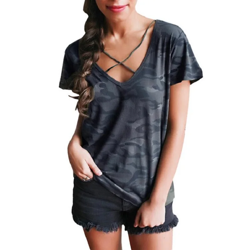 Women Fashion Summer T shirt V Neck Sexy Camo Short Sleeve T Shirt
