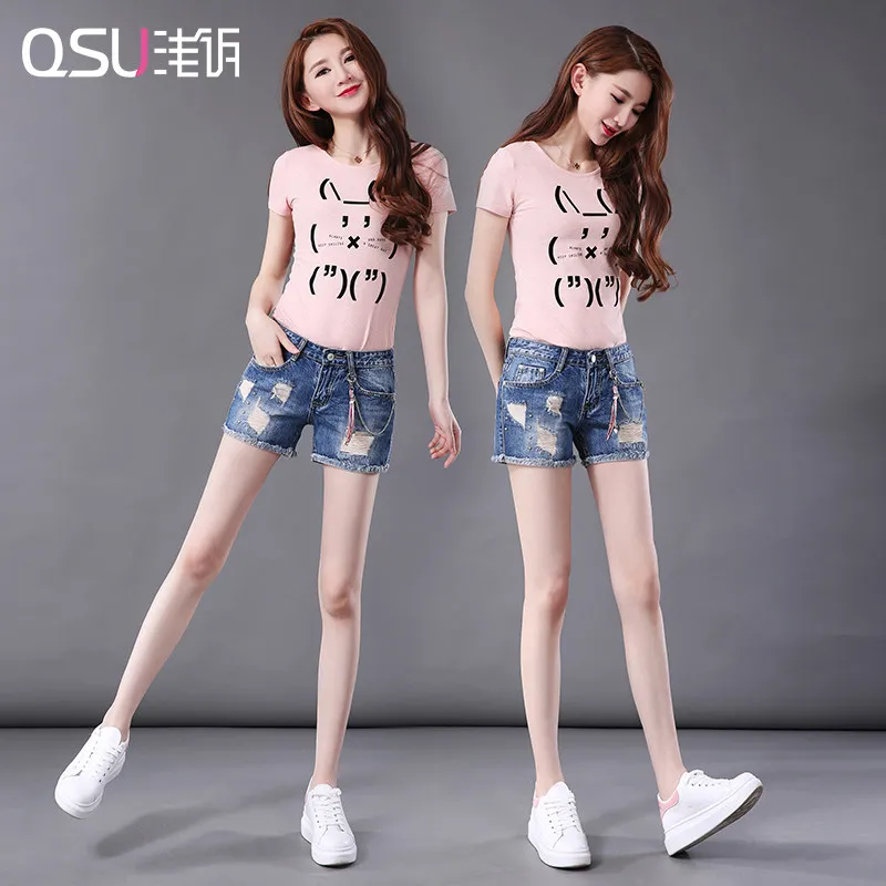  shorts woman,sanding edge,hole,metal bead,Chic Short pants,Casual Elastic,all-Match