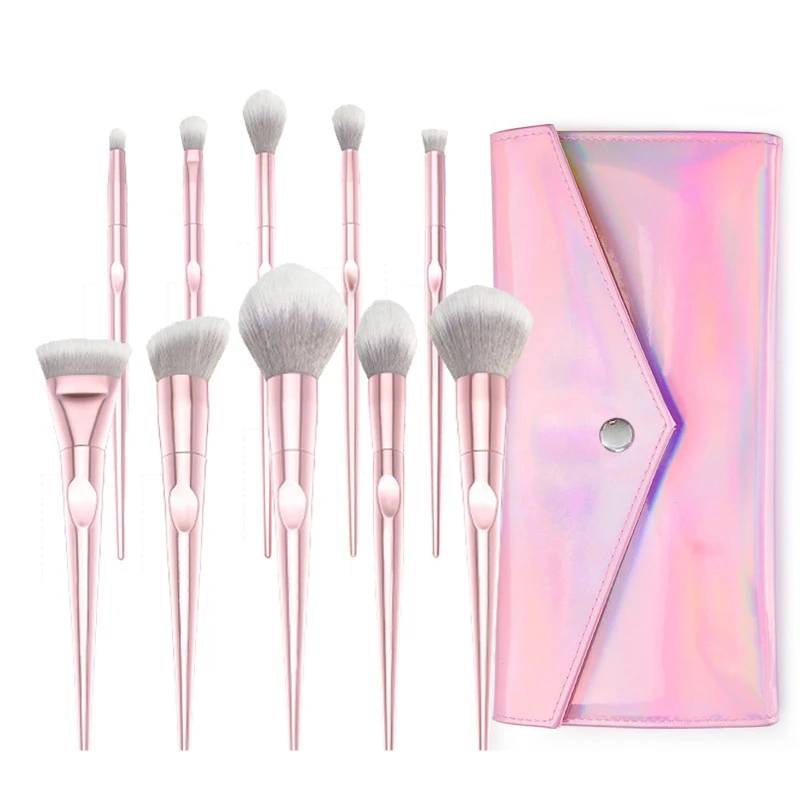 Pincel de Maquiagem Conjunto com o Bolsa de pó Marca Laser Rosa Blush Sombra Blending Highlighter Maquiagem Lápis Cosméticos Ferramenta Wnw 10pcs