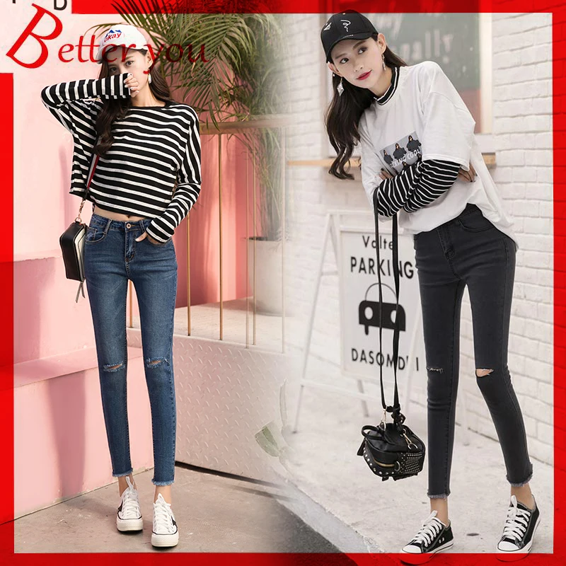 

La Bar 2019 Hot Sale College Style Women Jeans Black Blue Skinny Pencil Pants Elastic Lady Jeans High Waist Knee Ripped Jeans
