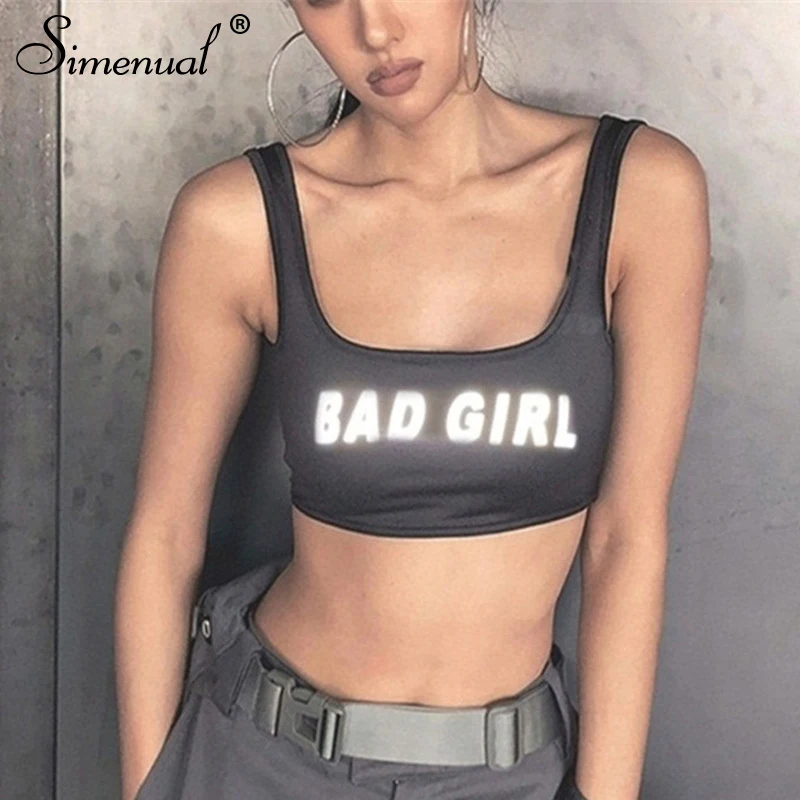

Simenual Letter Print Reflective Tank Top Women Fitness Active Wear Athleisure Sporty Tanks Summer 2019 Sleeveless Crop Tops New