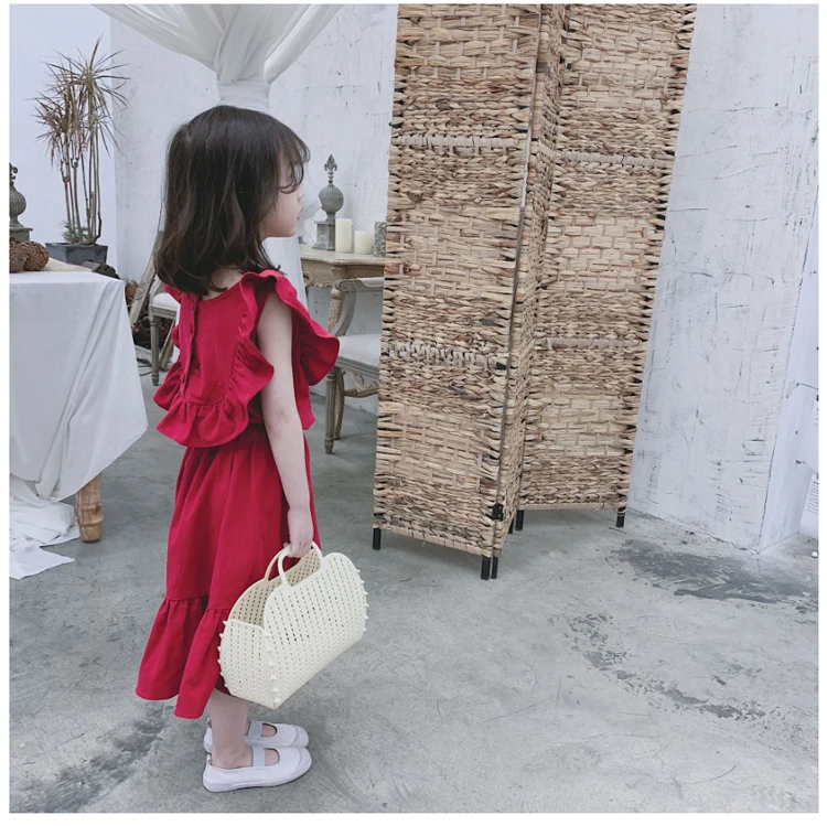 Красное длинное платье в китайском стиле для маленьких девочек 2-8 лет, летнее платье без рукавов с рюшами, винтажное платье, детские платья на пуговицах