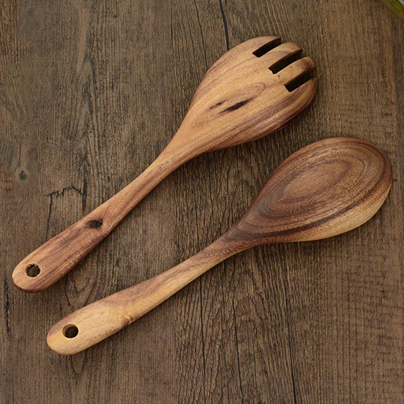 Natural Kitchen Wooden Spoon Set Large Salad Dinner Serving Spoons Server Wood Fork Spoon Cutlery Set Wooden Utensils Tableware (3)