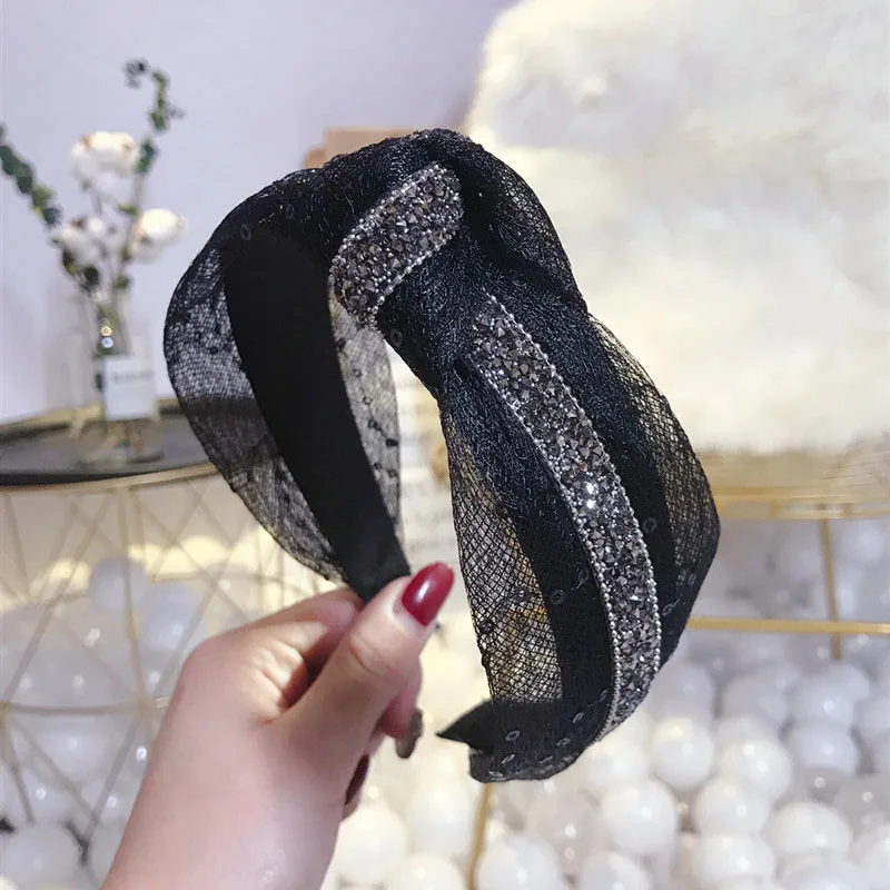 Новый блёстки яркий шелковая сетка Средний узел Hairbands флэш горный хрусталь Hairband для женщин аксессуары волос бандана с цветами