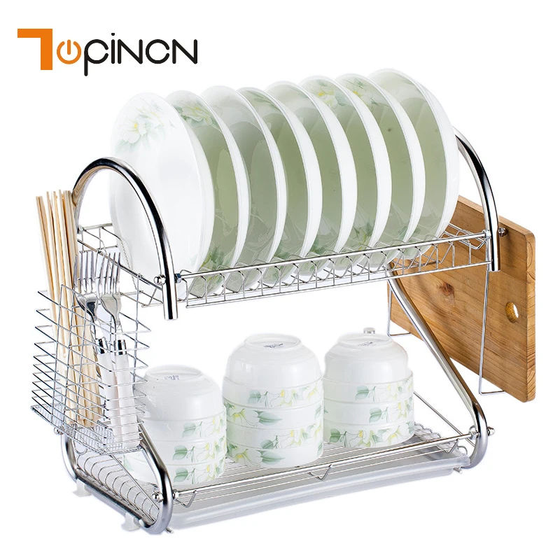 

S-Shaped Dish Rack Set 2-Tier Chrome Stainless Plate Dish Cutlery Cup Rack With Tray Steel Drain Bowl Rack Kitchen Storage Shelf