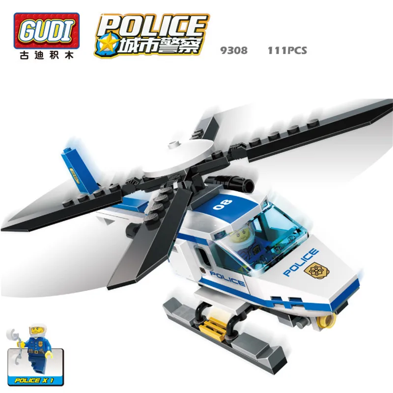 

GUDI 111+Pcs Blocks Police Series Helicopter 3D Plastic Toy Assembled Model Building Bricks Educational DIY Baby Kids Toys 9308