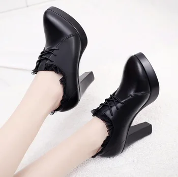 

Spring and Autumn Sexy and Comfortable New Single Shoes Fashion Lace Trim with Thick Heels Deep Mouth Small Size Women's Shoes