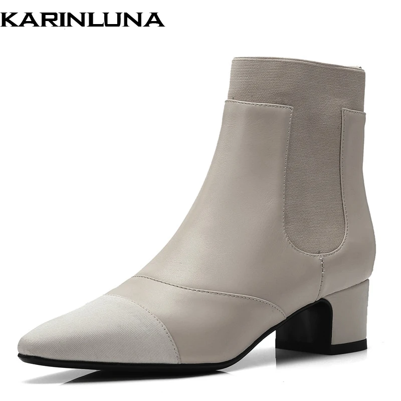 

KARINLUNA new arrivals top quality genuine leather chunky Heels Ankle Boots Women Shoes Woman pointed toe Shoes Woman Boots