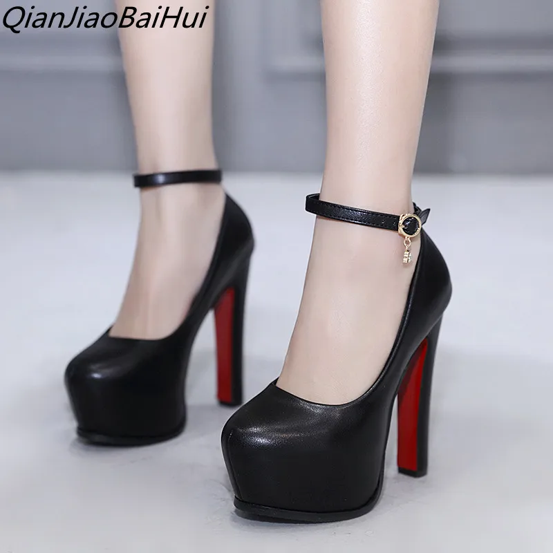 

QianJiaoBaiHui 2019 newest women platform high heels shoes 14 cm heel high ladies shoes high heel pumps woman party shoes Black