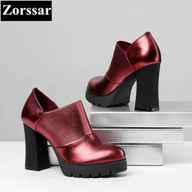 

Womens shoes Slip-On Round Toe platform High heels pumps women Single shoes 2017 NEW fashion Genuine leather woman heels