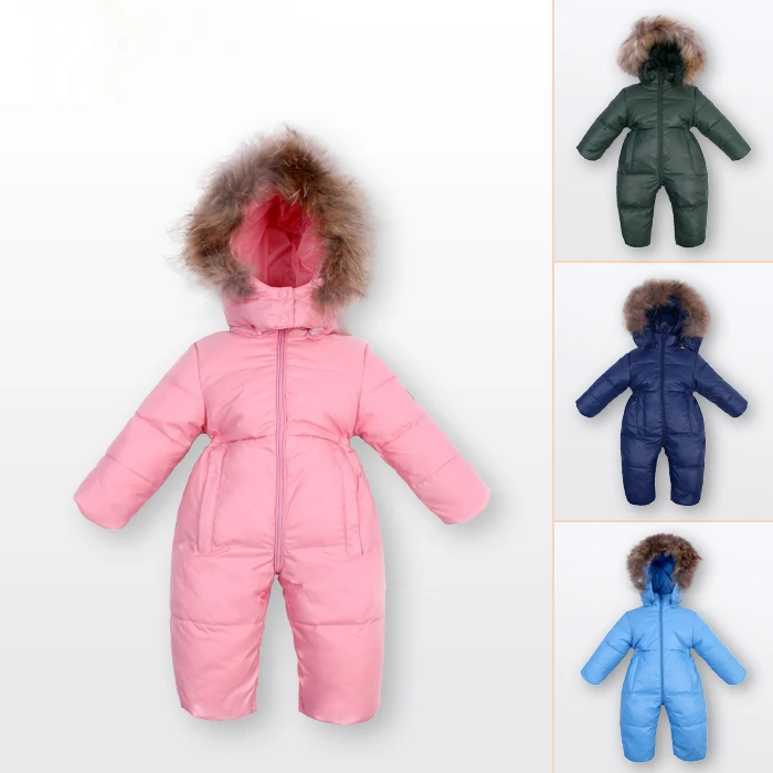 

children winter Jumpsuit duck down baby Rompers fur infant girls boys Overalls hooded kids snowsuits warm baby clothes