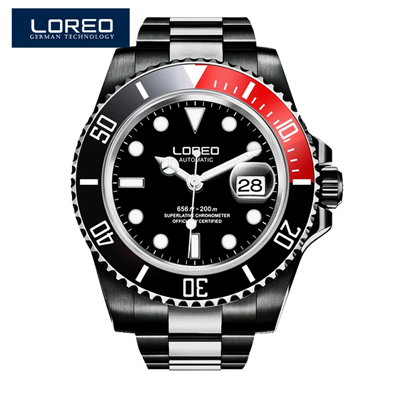 

LOREO automatic mechanical complete calendar scratch resistant chronograph luminous waterproof 200m diver aplica watch