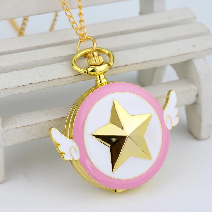 

Card Captor Sakura version stars Pocket Watch Necklace Quartz Clock Pendants Necklaces Long Chain