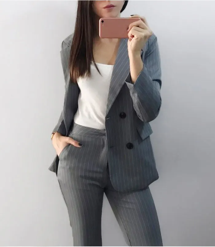 Work Pant Suits OL 2 Piece Sets Double Breasted Striped Blazer Jacket& Zipper Trousers Suit For Women Set Feminino Spring