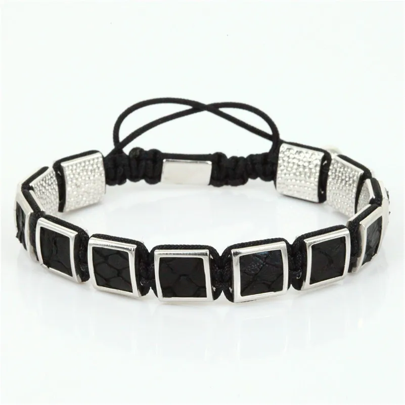 

2017 Men Black Snake Leather Bracelet Charm Snake Leather Braiding Macrame Bracelet 10mm Cubic Charms Leather Setting ZSB-196