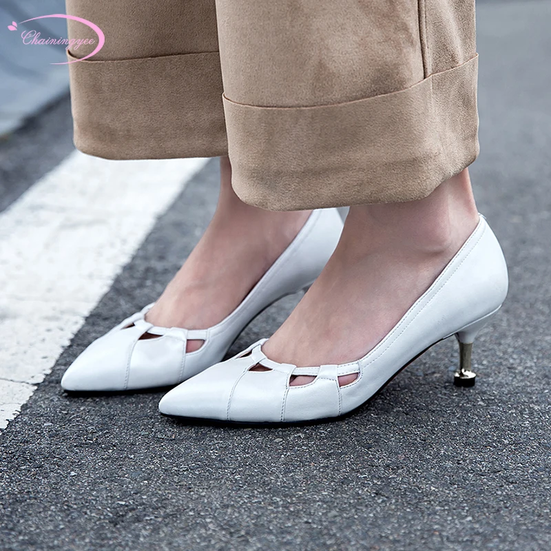 

Korean sweet style pointed toe genuine leather pumps fashion slip-on black white high heels stiletto women's shoes