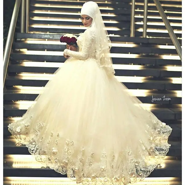 Винтажное мусульманское свадебное платье хиджаб с длинными рукавами и вуалью, кружевные свадебные платья ручной работы с цветами из бисера в арабском, турецком и исламском стиле