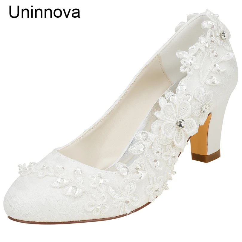 

Round Toe Flower Wedding Satin Elegant Comfortable Bride's Bridesmaid Lace Pumps Chunky Heel Uninnova 1505-1B Women High Heels