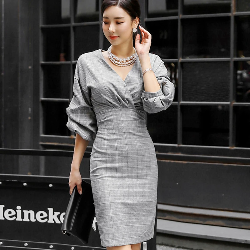 

Fashion women new arrival personality plaid slim temperament v-neck work style comfortable simple party formal pencil dress