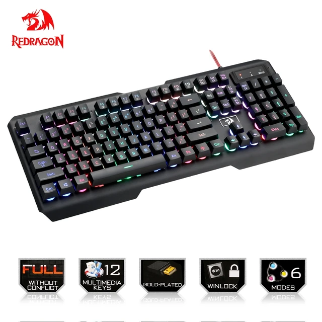 Best Offers Redragon USB gaming Membrane keyboard ergonomic 7color LED backlit keys Full key anti-ghosting 104 wired Computer PC gamer