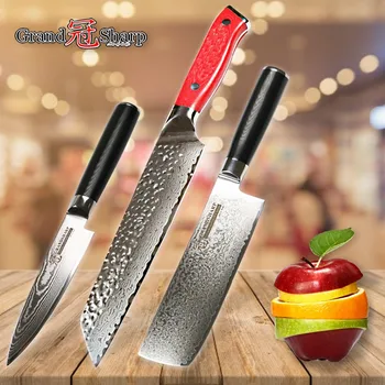 

Kitchen Knife Set 3 Pcs Chef Nakiri Utility Damascus Knives Japanese VG10 Damascus Kitchen Knives Butcher Sharp Tools G10 Handle