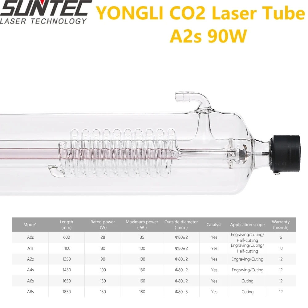 SUNTE YONGLI A2s 90WCO2 Laser Tube Length 1250 Dia. 80mm for CO2 Laser Engraving Cutting Machine With Wooden Case Box Packing
