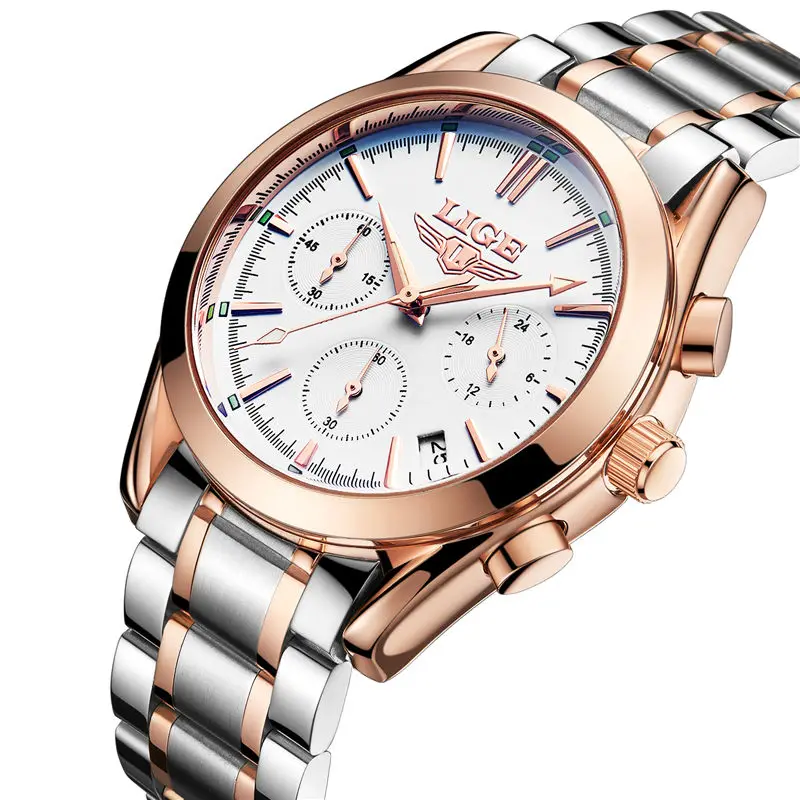 Мужские часы от бренда LIGE, полностью стальные военные часы, мужские кварцевые часы, мужские деловые часы, спортивные водонепроницаемые наручные часы, мужские часы - Цвет: gold white