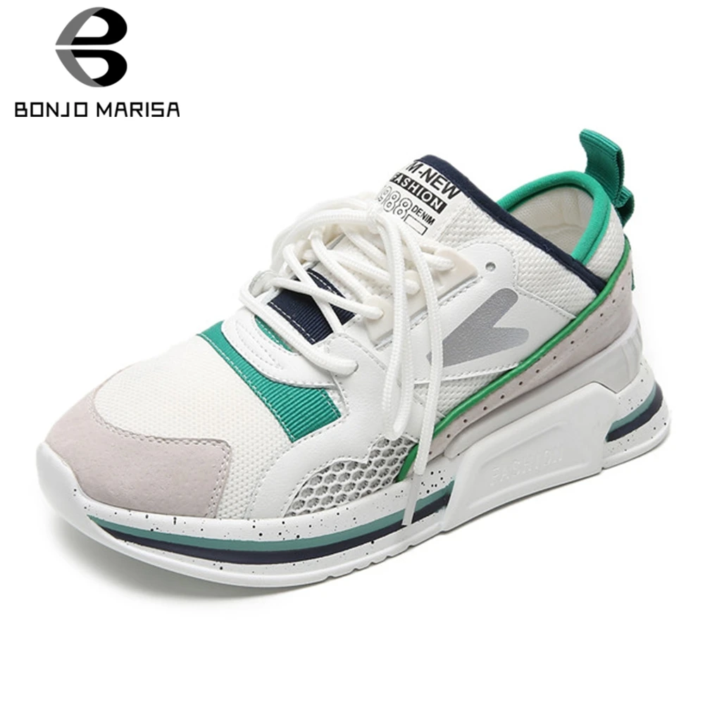 

BONJOMARISA High Quality Lace Up Casual Shoes Woman Vulcanize Red Green Hot Sale Flat Platform Summer Sneaker Woman Shoes 2020