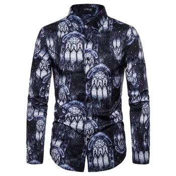 

Autumn Fashion Mens Shirt Slim Fit Long Sleeve Dreamcatcher Print Shirt Men Traditional Clothes Dream Catcher Pattern Streetwear