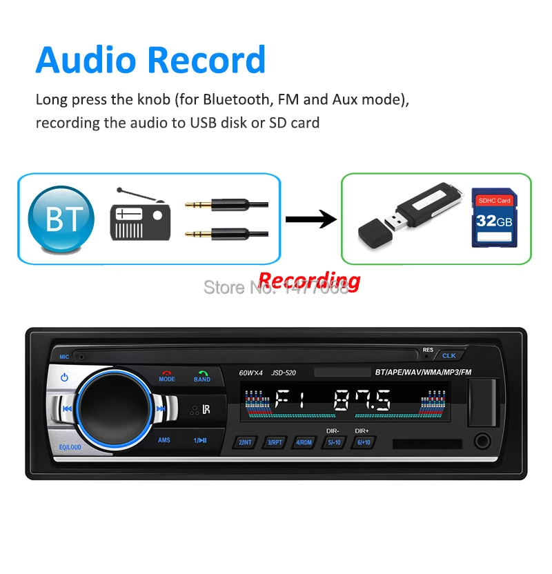 PHYEE Автомагнитола 1 Din Bluetooth Авто Стерео MP3 плеер аудио запись USB SD Aux 12 в ISO разъем в тире головное устройство JSD-520