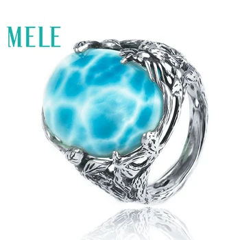 

Natural larimar silver ring, oval 15mm*20mm, blue ocean color, forest style , trendy jewelry for women and man