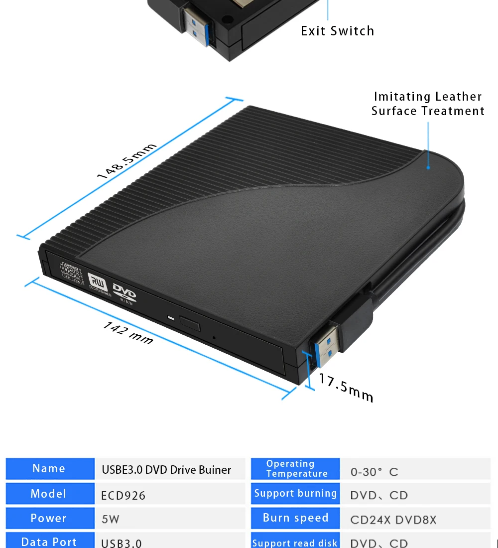 Deepfox внешний DVD rom Оптический привод USB 3,0 CD/DVD RW плеер горелки портативный ридер рекордер для ноутбука