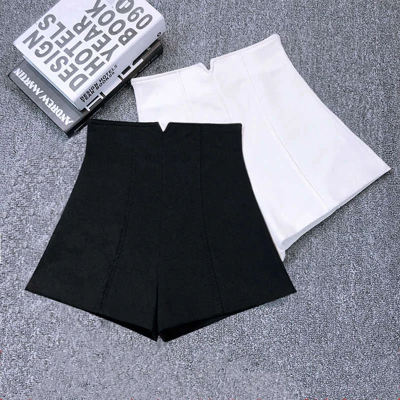 Pantalones cortos elásticos de cintura alta para mujer, elegantes de pierna ancha, color blanco y negro, para verano, cortos| - AliExpress