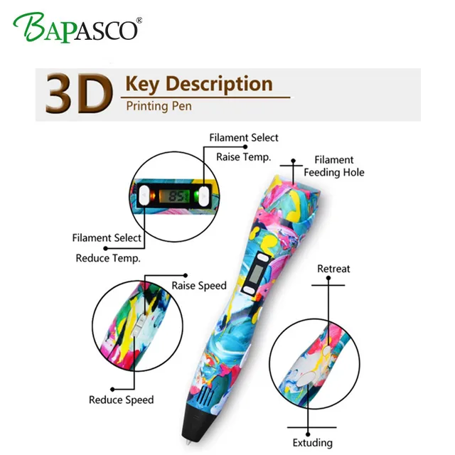 Best Price Newest Bapasco 3D Pen K3 Model Best Gift Education Tools For Kids Toys Pen 3D Graffiti Color 3D Drawing Pen ABS/PLA/PCL Material