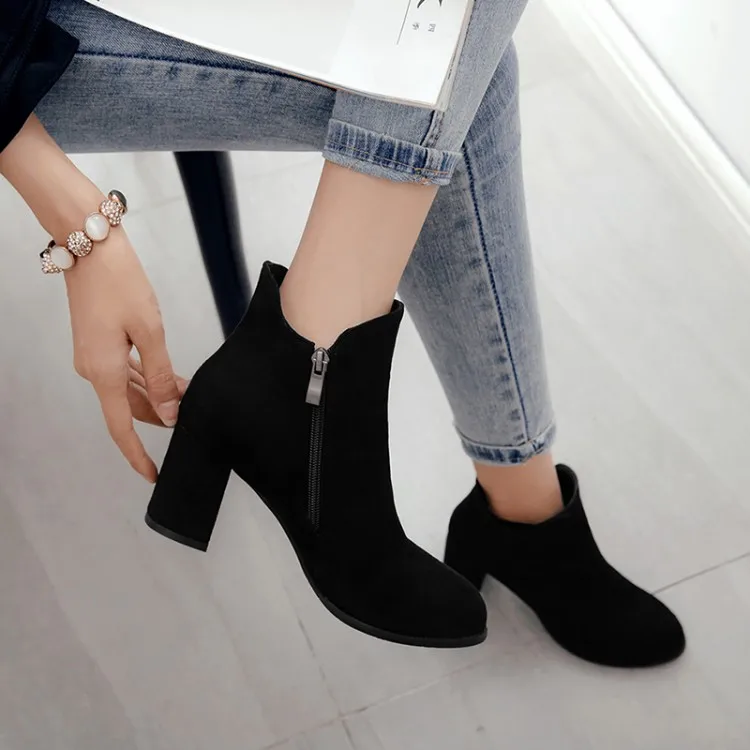 

Big Size 11 12 13 14 15 Europeans and Americans with round head, thick heel, high heel, side zipper, short boots