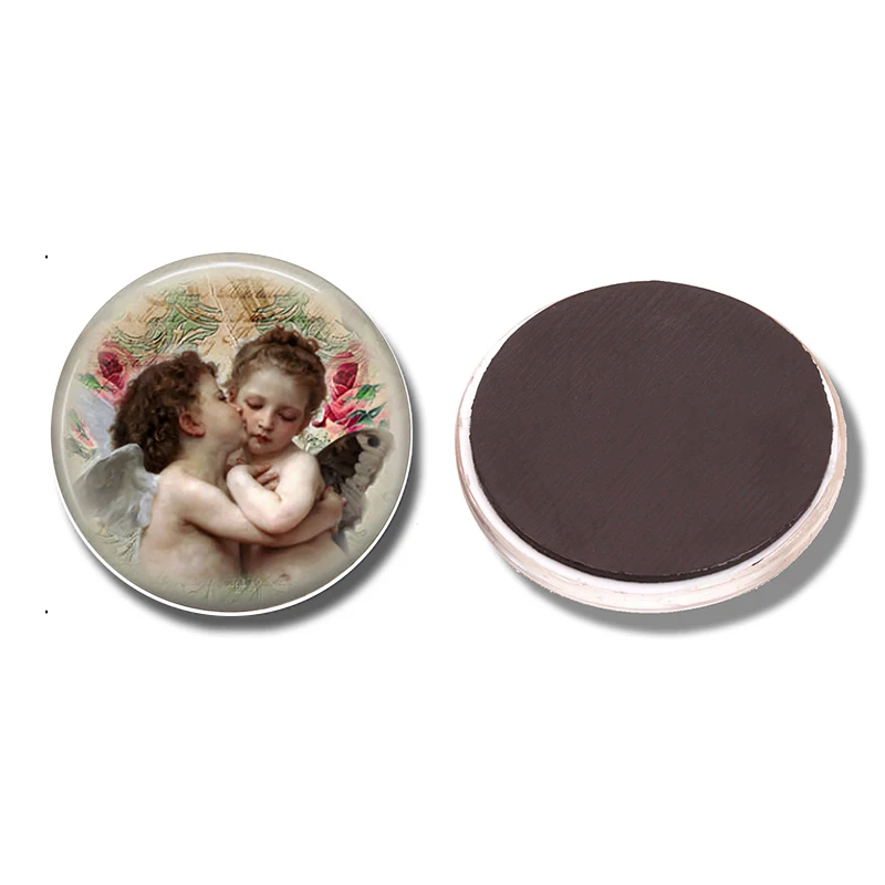 

Angels Kiss 30MM Fridge Magnet Cherub Angel Wings By Bouguereau Glass Dome Magnetic Refrigerator Stickers Note Holder Home Decor