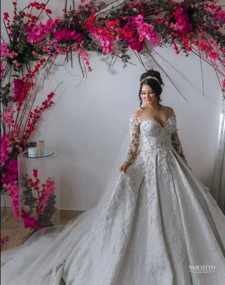 Бальное свадебное платье vestido de noiva длинное платье de mariage кружевное на заказ свадебное платье с жемчугом с длинными рукавами