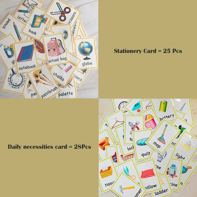 

53Pcs/Set Baby Stationery+Daily Learning English Card Word Flash Card Pocket Alphabet Kid Montessori Card Early Educational Toy