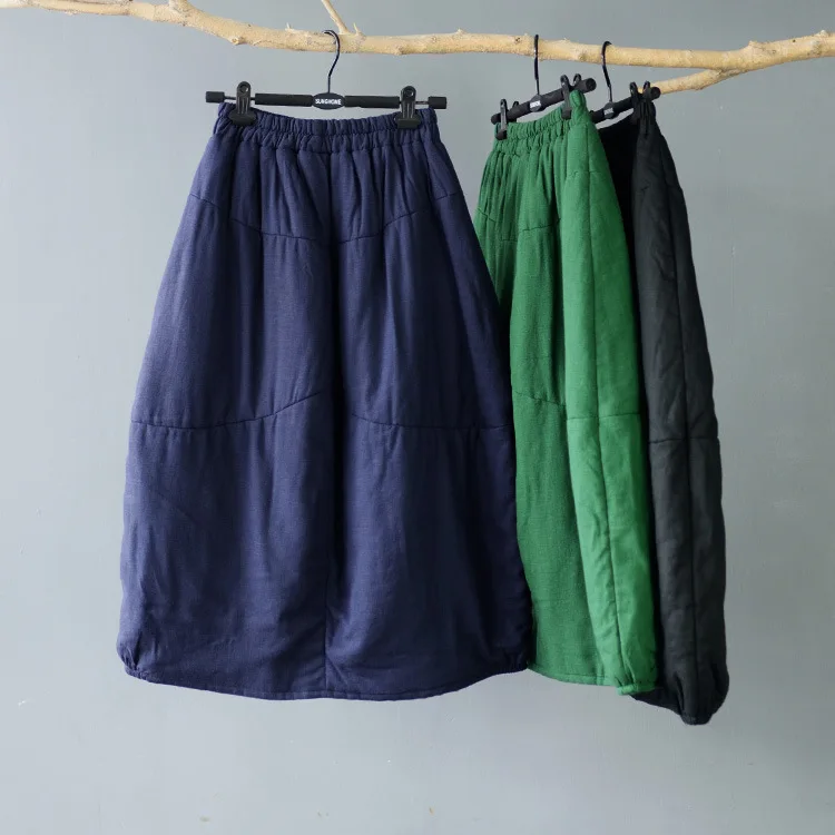 Women Cotton Linen Skirts Elastic Waist Thick Female Solid Color Bud