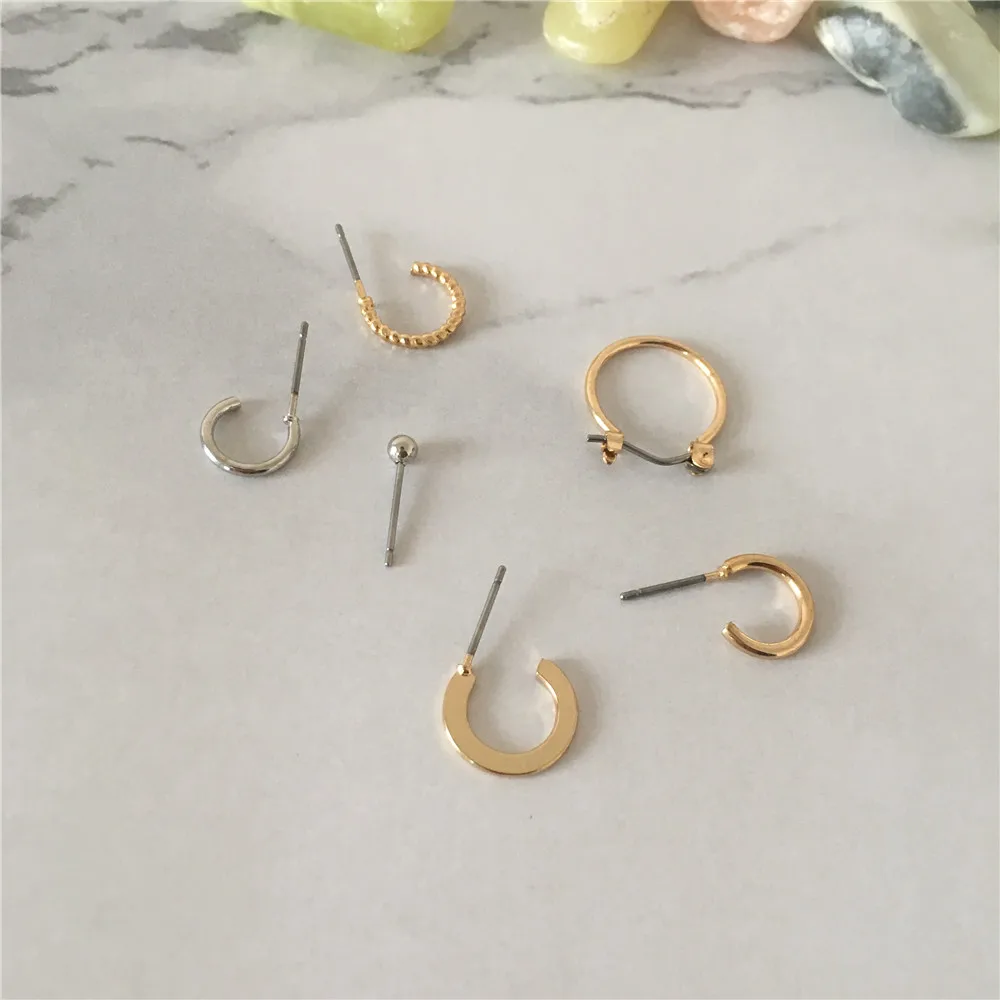 

WOMEN GIRL MEN EARRING SET SIMPLE GOLD AND RHODIUM COLOR PLATING BALL SMALL HOOP 6 PCS SET EARRING