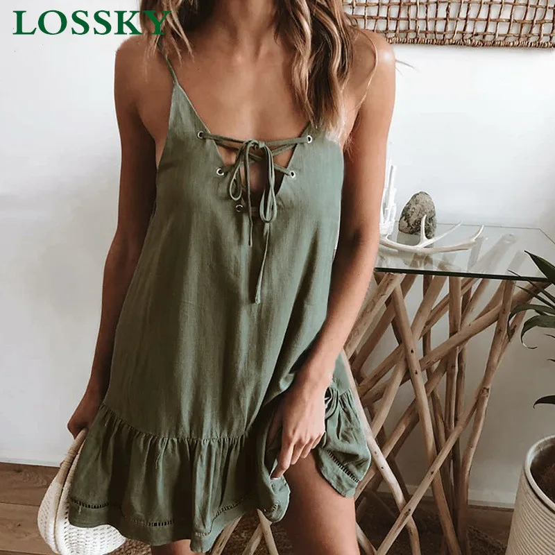 

Solid color ruffled sleeveless strap strap mini dress sexy V-neck women's summer casual loose halter short dresses