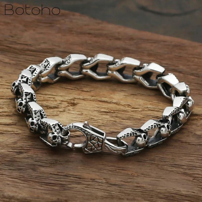 

Real 100% 925 Sterling Silver Skeleton Bracelet for Men Women Vintage Punk Rock Skull Charm Chain Bracelet Bangle Birthday Gifts
