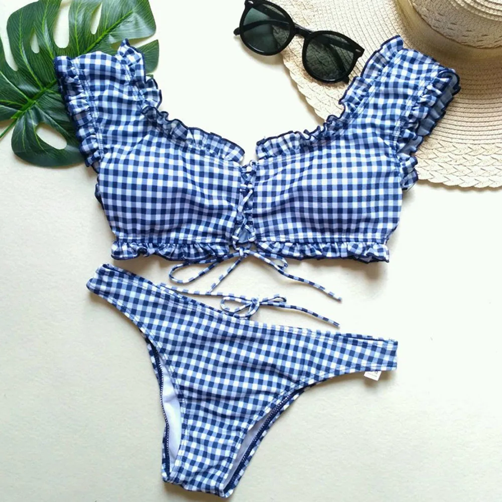 Женский купальник с эффектом пуш ап клетчатый из двух предметов|bra set|push-up brabras bra