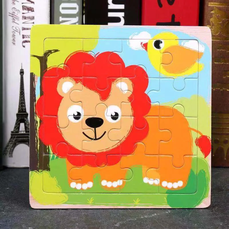 Danuyli Лидер продаж 1 шт. 16 кусочков маленькая игрушка-головоломка детские животные деревянные пазлы детские развивающие игрушки для малышей - Цвет: lion