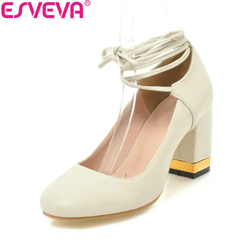 

ESVEVA 2018 Round Toe Cross-tied Woman Pumps Round Toe Women Square High Heels PU Spring and Autumn Ladies Shoes Size 34-43
