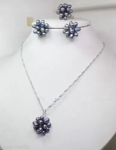 

Hot sale new Style >>>>>Hot Fashion Black Rice Freshwater Pearl Cluster Earrings Pendant Ring A Set