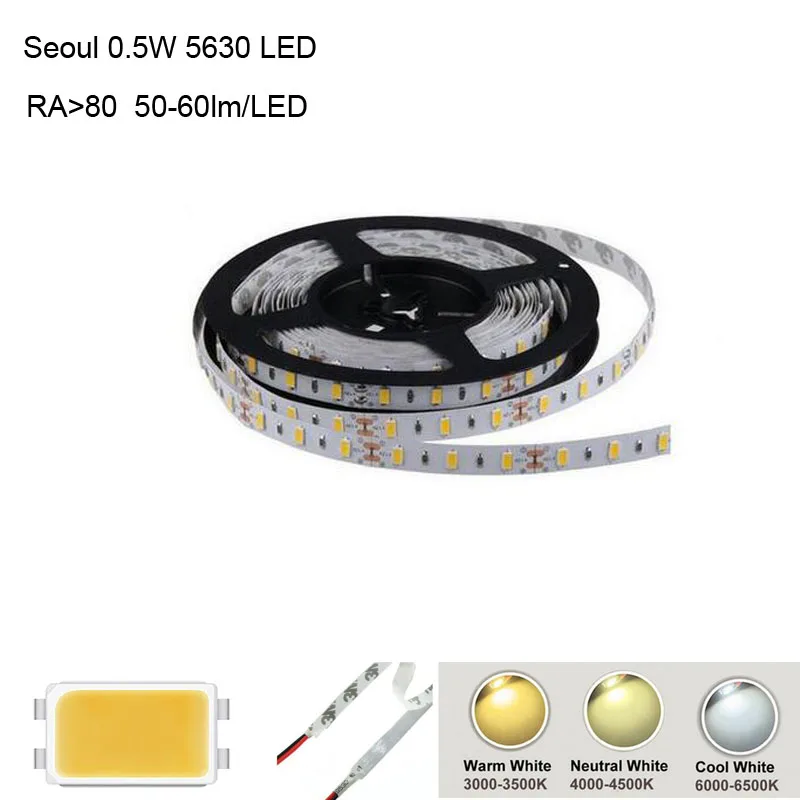 

CRI>80 New Seoul 0.5W 55-65lm/LED 12V 24V LED Strip Light 5630 White IP20 7.36W/m 5m Per Lot 100% Shipping via regisitered Mail