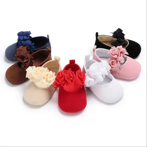 

Newborn 0-18M Girls Baby Crib Shoes hook loop flock Three Flower Soft Sole Anti-Slip Prewalker first walkers