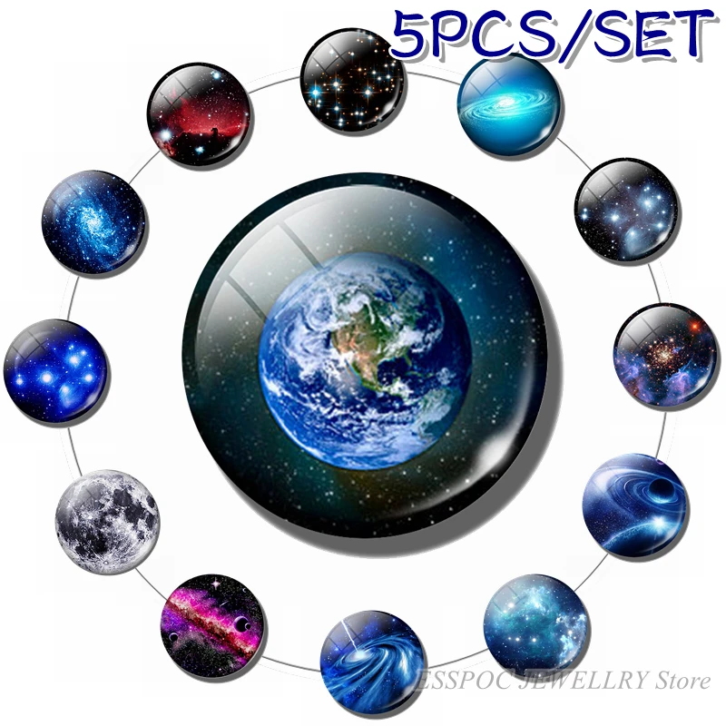 

5PCS/SET Earth Moon Stars Planet Glass Cabochon 25mm Handmade Nebula Galaxy Jewelry Making Pendant Accessories Supplies